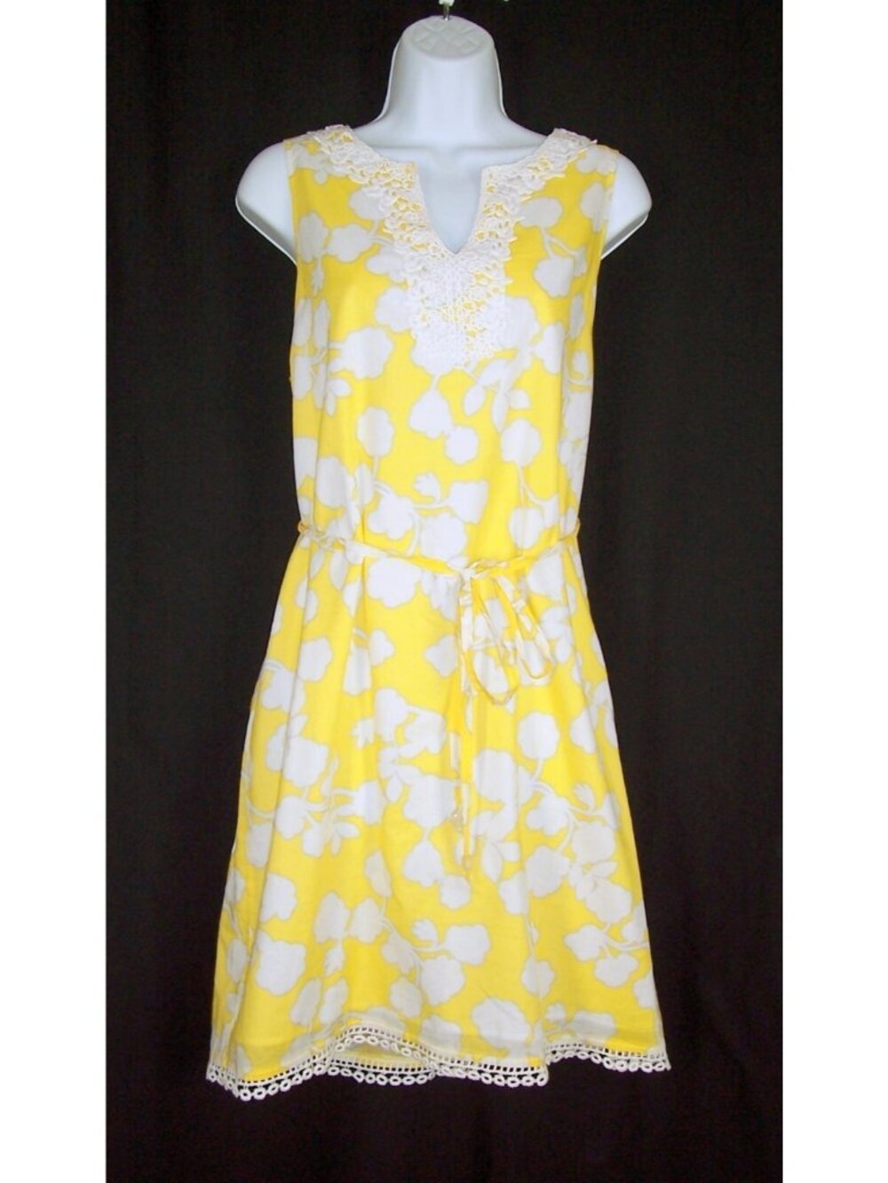 Mud Pie Bag Lady Yellow Floral Sun Dress L Sleeveless Crochet Collar Hem Cotton